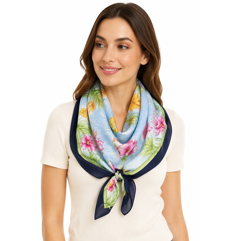 Jodhpur Paris Silk Square Scarf Blue Tropical Floral Print 34" Italy Neck Wrap